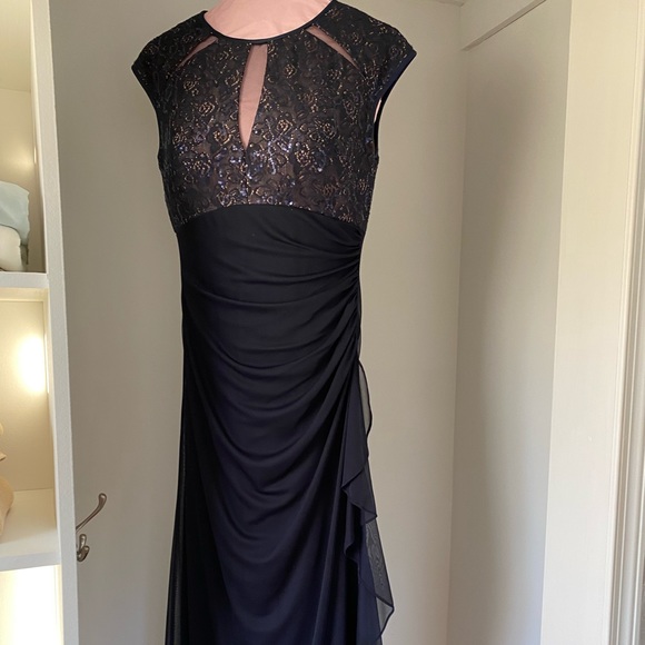 satin blue prom dress LaDivine 7446 Long Formal Slit A Line Evening Dress – The Dress Outlet